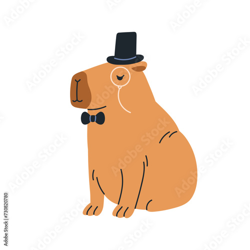 Cute capybara, gentleman animal. Funny capibara character in 19th century hat, bow tie. Adorable noble elegant capy rodent. Childish kids flat vector illustration isolated on white background