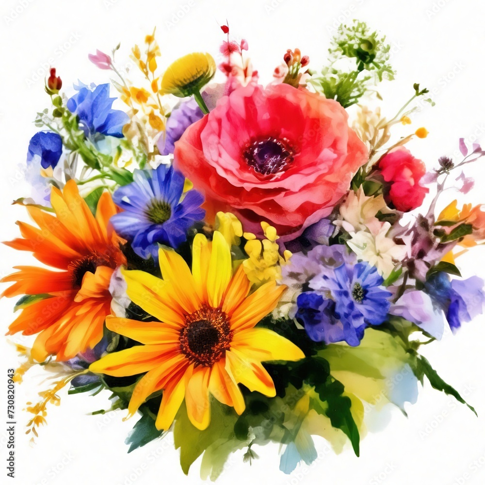 bouquet of summer flowers watercolor isolated on white background. bouquet of summer flowers watercolor isolated on white background.