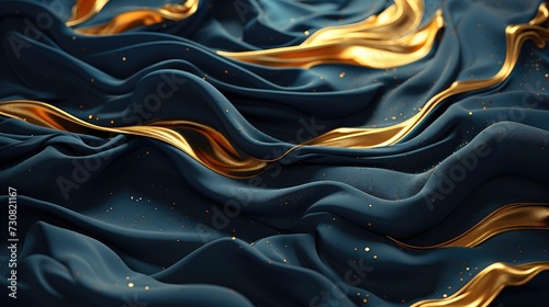 Luxurious Navy Blue Silk Fabric with Golden Highlights