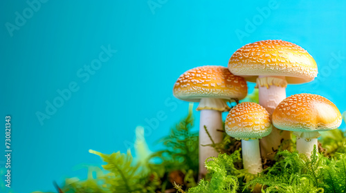 Lush blue landscape with mushrooms, plants, and water