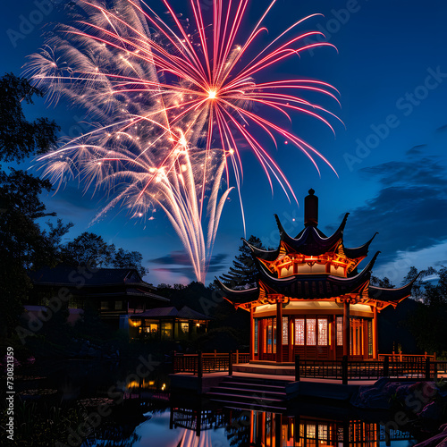 Lunar New Year Fireworks over Traditional Pagoda
