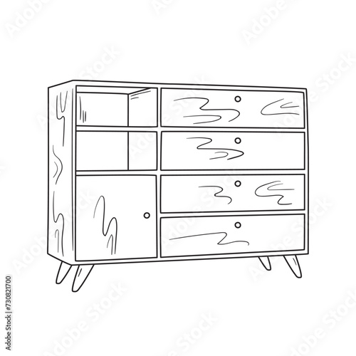 Hand drawn silhouette of mid century dresser. Modern furniture outline drawing. Line art cupboard for trendy interior design. Sketch commode on legs. Vector illustration