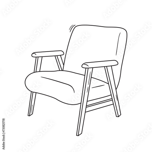 Hand drawn silhouette of mid century armchair. Modern furniture outline drawing. Line art chair for trendy interior design. Sketch seat on wooden legs. Vector illustration