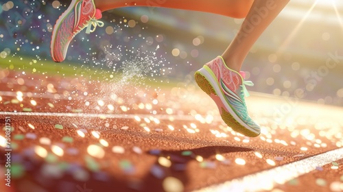 Runner's legs in motion, shoes sparkle, track red, sunlight filters. Sunlight makes the runner's neon shoes and stars look magical. photo