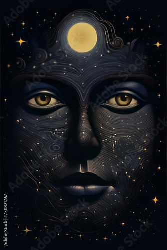 Face of the Moon. Surreal illustration of a woman's face with Moon. Spiritual, cognitive, abstract concepts. 