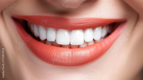 Close-up of a womans mouth  showcasing her white perfect teeth smile