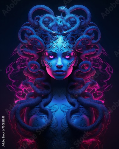 Ancient Greek monster Medusa in neon purple and blue light and dark background. Her hair made of snakes. 