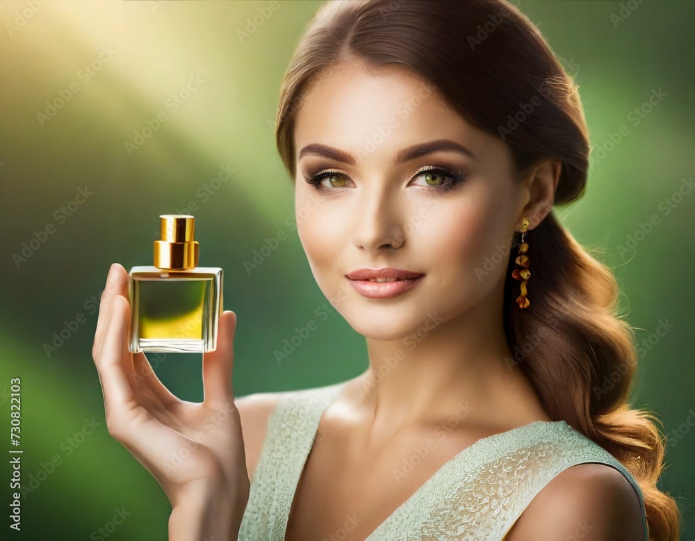 Kobieta trzymająca w dłoniach butelkę perfum. Zielone, naturalne tło - obrazy, fototapety, plakaty 