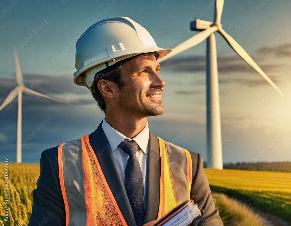 Inżynier na tle turbin wiatrowych stojących na polu. Motyw energii ekologicznej i zrównoważonego rozwoju - obrazy, fototapety, plakaty 