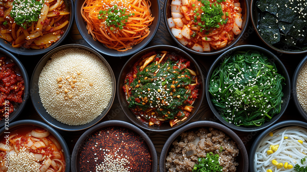 Bowls with asian food on the table