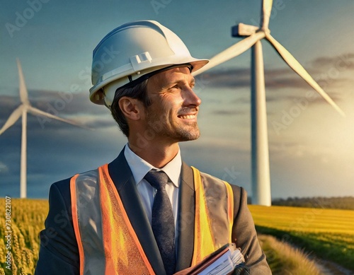 Inżynier na tle turbin wiatrowych stojących na polu. Motyw energii ekologicznej i zrównoważonego rozwoju