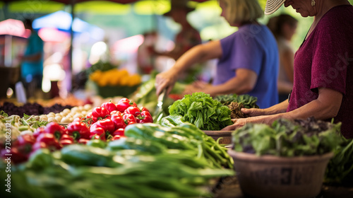 Photography of A bustling farmer's market scene with a diversity of vendors and customers, filled with vibrant summer produce