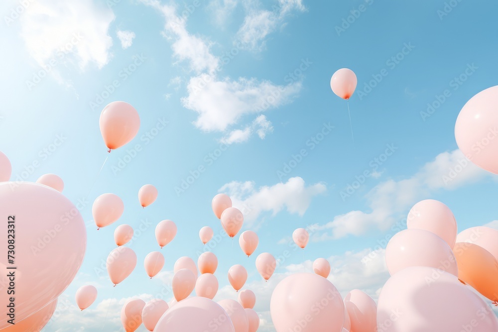 Pastel pink balloons flying in the sky. Birthday, celebration. Hope creative minimal concept. Family, love,  society. 