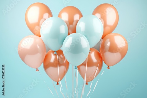 Colorful soft pastel colored balloons isolated on light blue background. Light blue, beige and gray colors. Birthday wallpaper or backdrop, space for design, invitation, wedding.