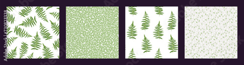 Set of seamless patterns  with abstract stylized branches leaves fern. Vector hand drawn. Green collage simple patterned textured print with random spots, polka dots, drops. Templates for design