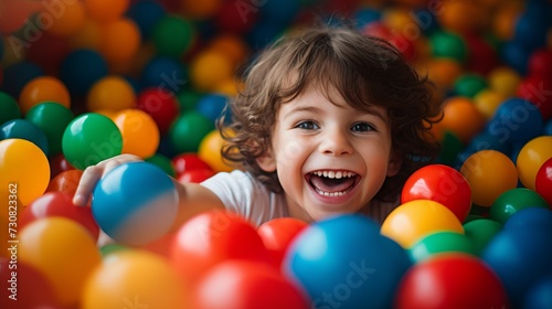 Close-up portrait of a laughing little boy having fun in a pool with colorful balloons on birthday party at a children's game center.