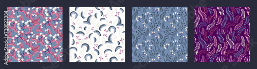 Blue purple collage set of seamless patterns with creative, abstract branches with tiny shapes leaves, stylized berries, drops, polka dots, random spots, twisted print. Vector hand drawn.