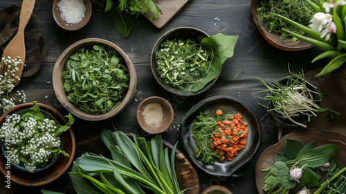 Wild herbs in bowls on a table