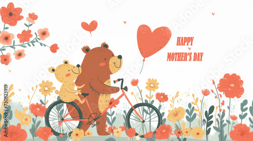Mom bear teaches cute little bear ride a bike. Happy mother day