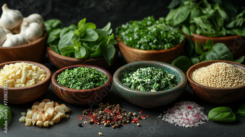 Wild herbs in bowls on a table