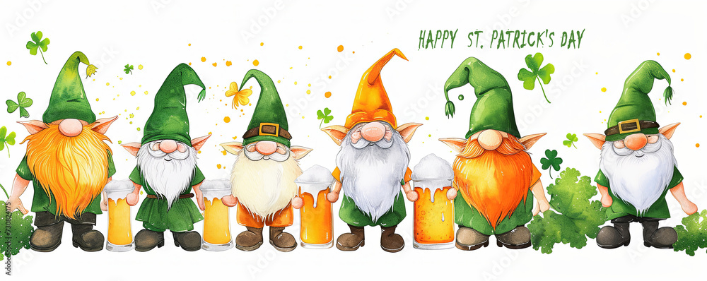Fototapeta premium Hand-drawn illustration of 6 gnomes, beer, clover . St. Patrick's Day panorama