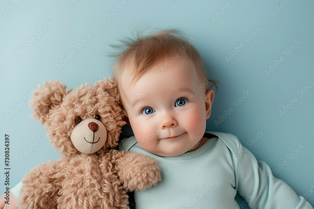 portrait of a child with a toy, Baby with Teddy Bear, Cheerful Infant Portrait, Blue Background portrait of a child with a toy, Baby with Teddy Bear, Cheerful Infant Portrait, Blue Background