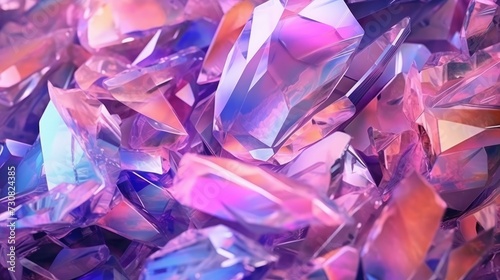 Iridescent Glass Shards Reflecting Neon Pink and Blue Hues.