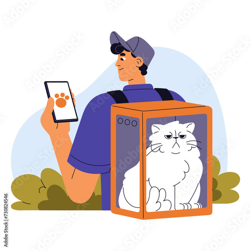 Professional pet sitter walks furry kitty outdoors. Courier delivers fluffy cat in glass carrier. Delivery service worker carries domestic animal. Flat isolated vector illustration on white background