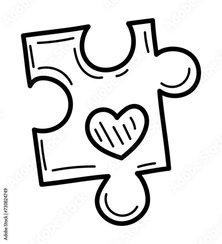 Coloring book puzzle piece with heart doodle. Game of love. Hand drawn vector illustration.