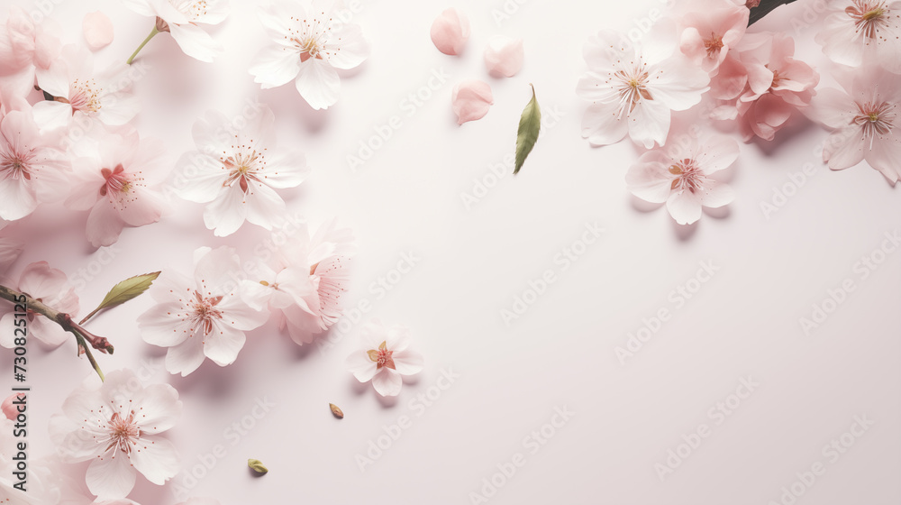 background top view with cherry spring flowers