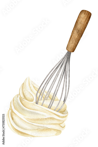 Preparation of cream for desserts. Sweet cream. Whipped cream, whisk. Isolated Watercolor illustration of Baking ingredients. Clipart for recipe book, food blog, design of label,packaging of good
