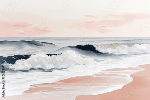 Abstract seaside painting, crashing waves, pastel sky, minimalist approach.