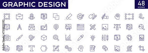 Graphic design icons set with fully editable stroke thin line vector illustration with stationery, software, creative package, creativity, tools, drawing, print, illustration, web, typography, colors