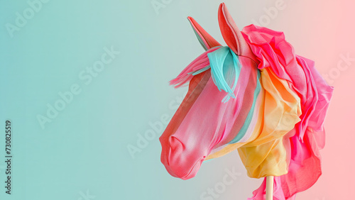 
children's toy - the head of a beautiful fabric horse on a stick isolated on a pastel background. hobbyhorsing concept photo