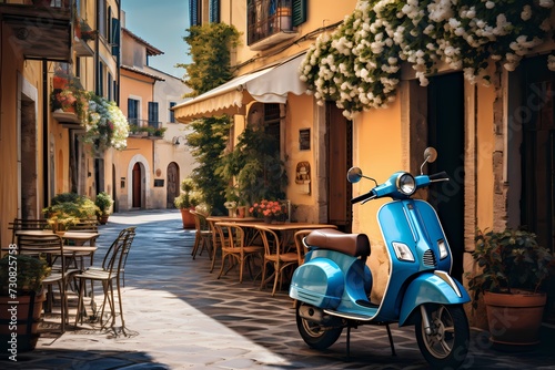 Peaceful streetscape of an Italian town, featuring a blue scooter parked near a quaint cafe, capturing the beauty of daily life in a charming setting