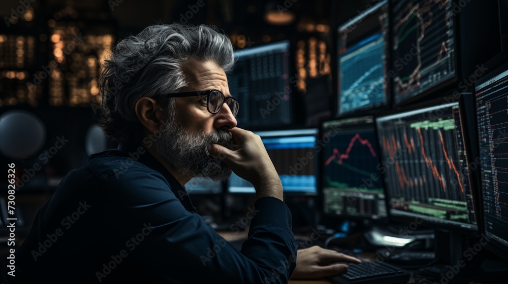 A contemplative financial trader scrutinizes market fluctuation charts on computer screens in a dim office. A contemplative financial trader scrutinizes market fluctuation charts on computer screens in a dim office.