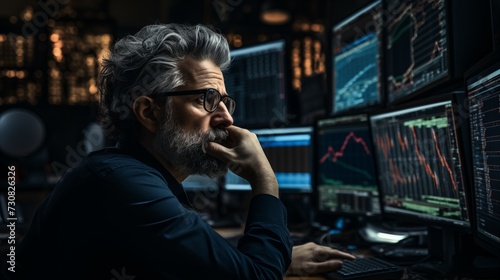 A contemplative financial trader scrutinizes market fluctuation charts on computer screens in a dim office.