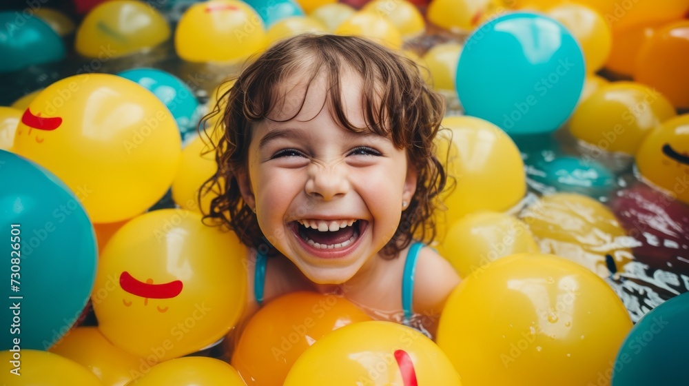 Obraz premium A close-up portrait of a little happy smiling girl in a pile of yellow and blue balloons in a water pool at a water park at a children's party.