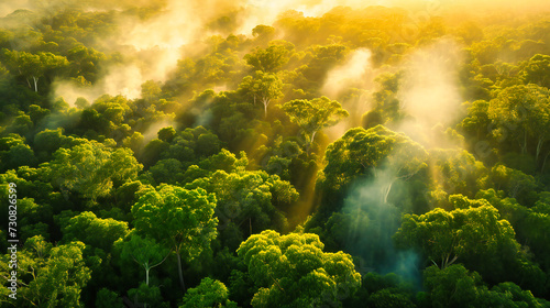 Misty forest at dawn  showcasing the ethereal beauty of nature and the serene tranquility of a rainforest landscape