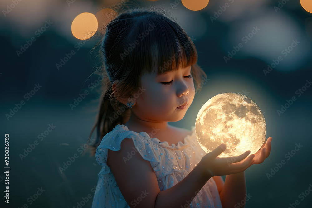 Naklejka premium In the twilight hours, a young girl is captivated by the luminescent orb she holds, which lights up her face with the soft, magical glow of the moon.