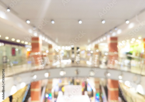 Blurred background of modern luxury department store hall or shopping center mall. Blurred lights background. Blurred defocused bokeh lights with modern white interior architecture