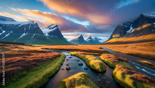 Nordic Landscape. Scenic. Nature. Wilderness. Nordic Countries. Mountains. Snow. Nordic Nature. Scandinavian. Serene. Tranquil. Beauty. Northern Europe. Wilderness. Nordic Environment. AI Generated.