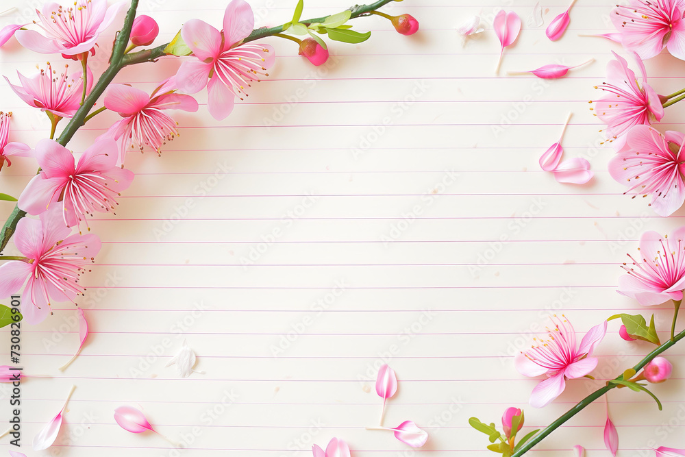 Obraz premium lined paper blank sheet, writing page with spring beautiful flowers