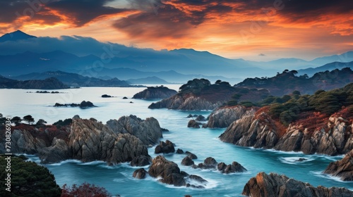 Fiery Sky Over Tranquil Sea and Rugged Coastal Cliffs