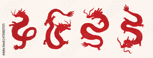 Red Chinese new year dragon brush painting silhouette set of four isolated in beige color background, vector design