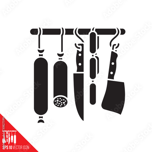 Salami sausages and knives hanging from rail vector glyph icon. Meat specialties symbol.