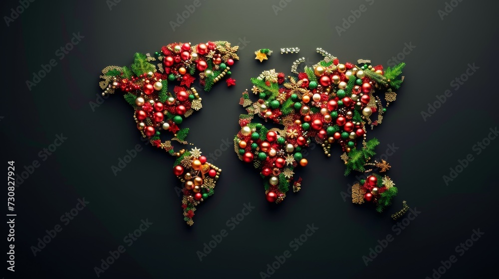 World map made of Christmas decorations. All continents of the Christmas world World map made of Christmas decorations. All continents of the Christmas world