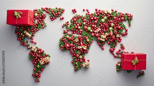 World map made of Christmas decorations. All continents of the Christmas world