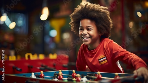A happy boy is having fun playing table football in the children's play and entertainment center.
