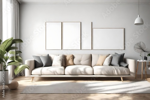 A cozy living space with a touch of modernity  where an empty wall mockup complements a minimalist sofa and a white blank frame in 3D realism.